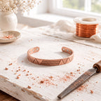 Slim magnetic copper cuff engraved with a geometric pattern