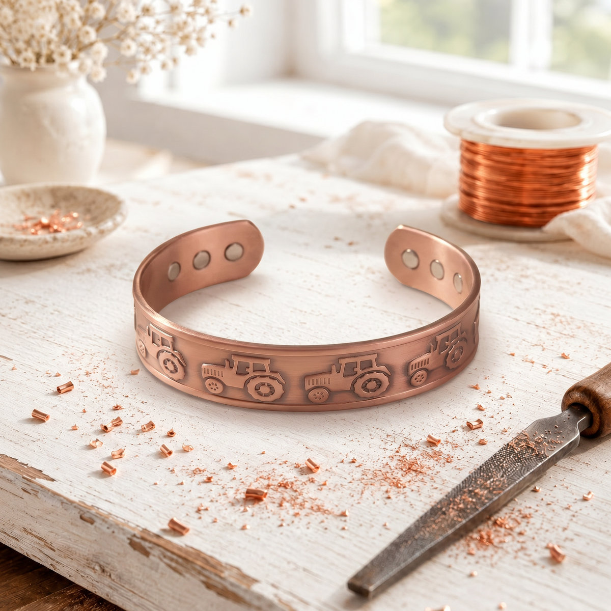 Wide magnetic copper cuff embossed with tractors