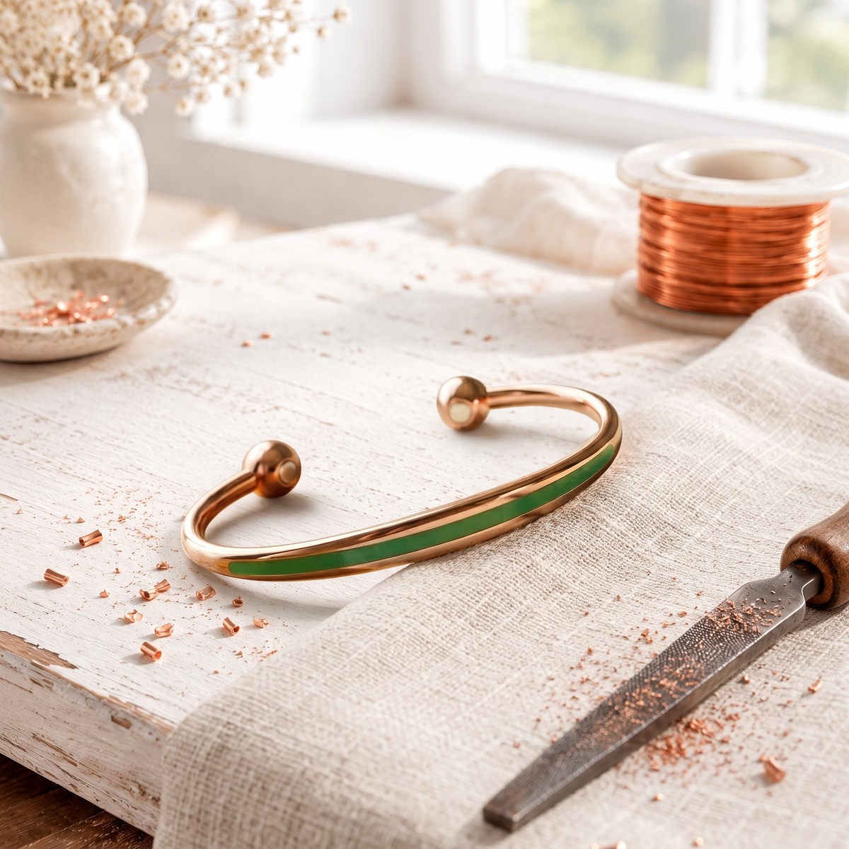 Slim magnetic copper bangle with a green stripe and ball ends
