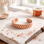 Wide men's magnetic copper cuff with a brick-link pattern