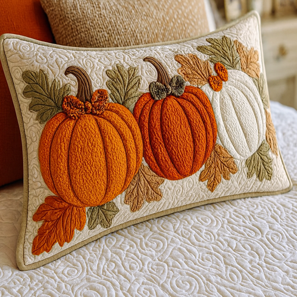 Pumpkin Trio quilted pillowcase – three pumpkins among autumn leaves