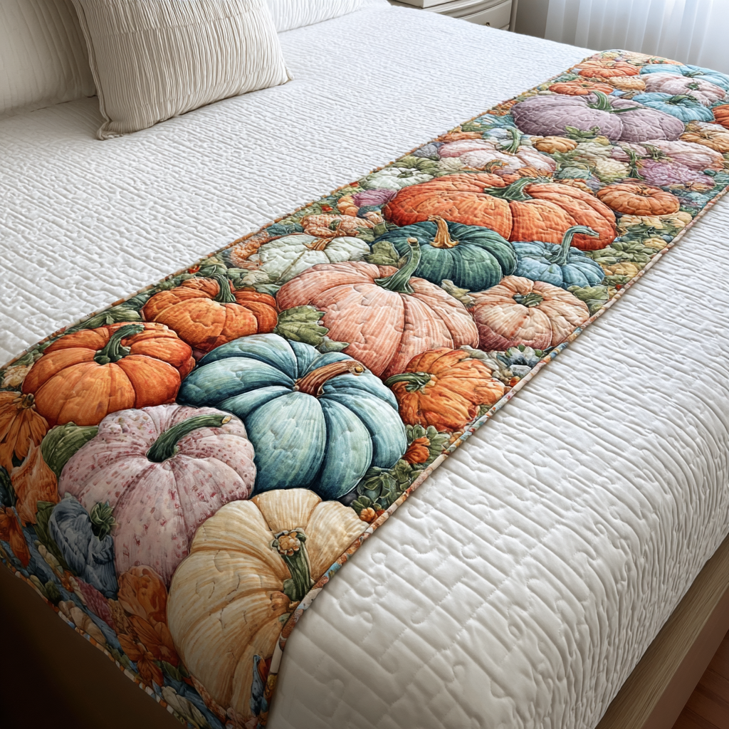 Pastel Pumpkins quilted bed runner – soft orange, blue and pink pumpkins