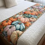 Pastel Pumpkins quilted bed runner – soft orange, blue and pink pumpkins