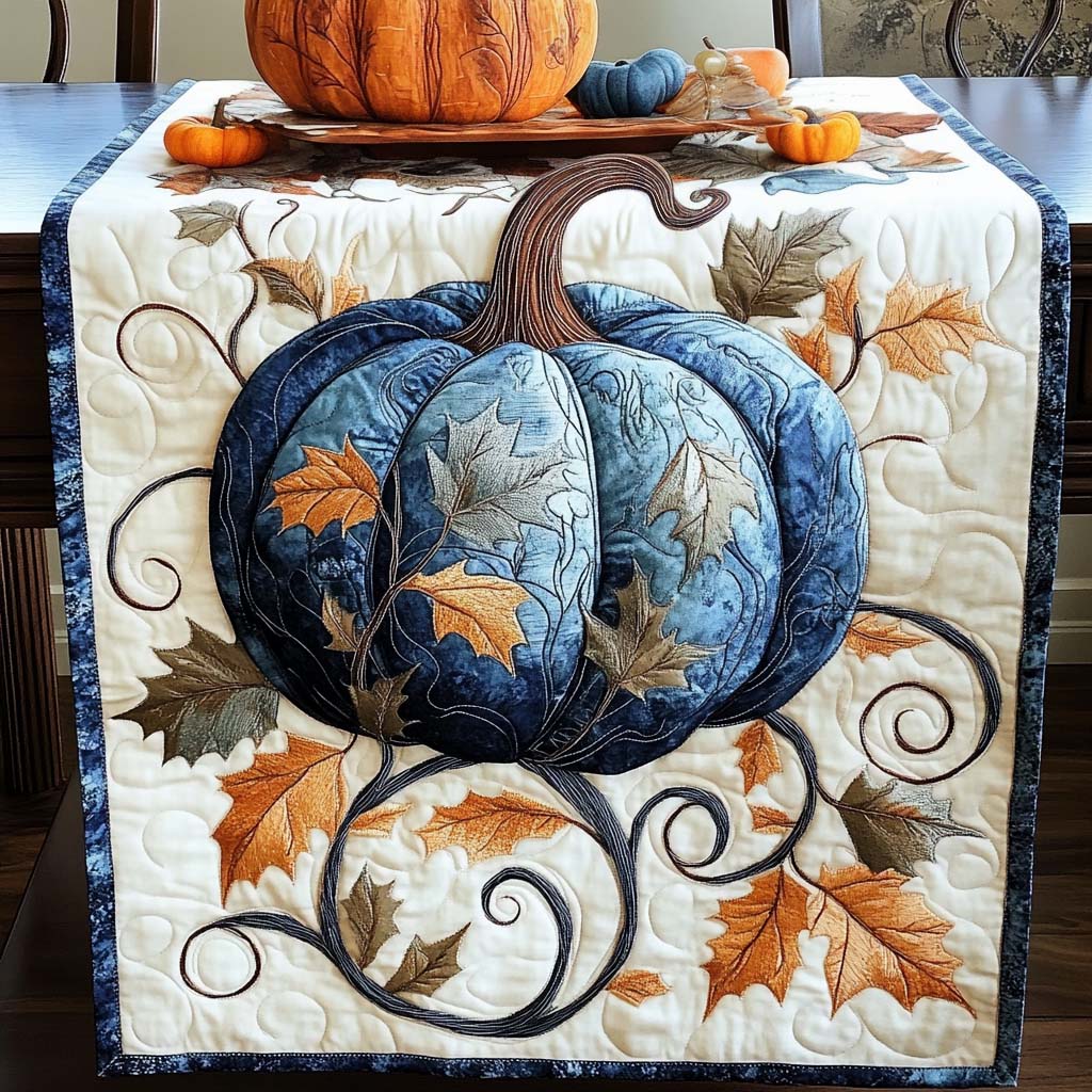 Blue Velvet Pumpkin quilted table runner – blue patterned pumpkin
