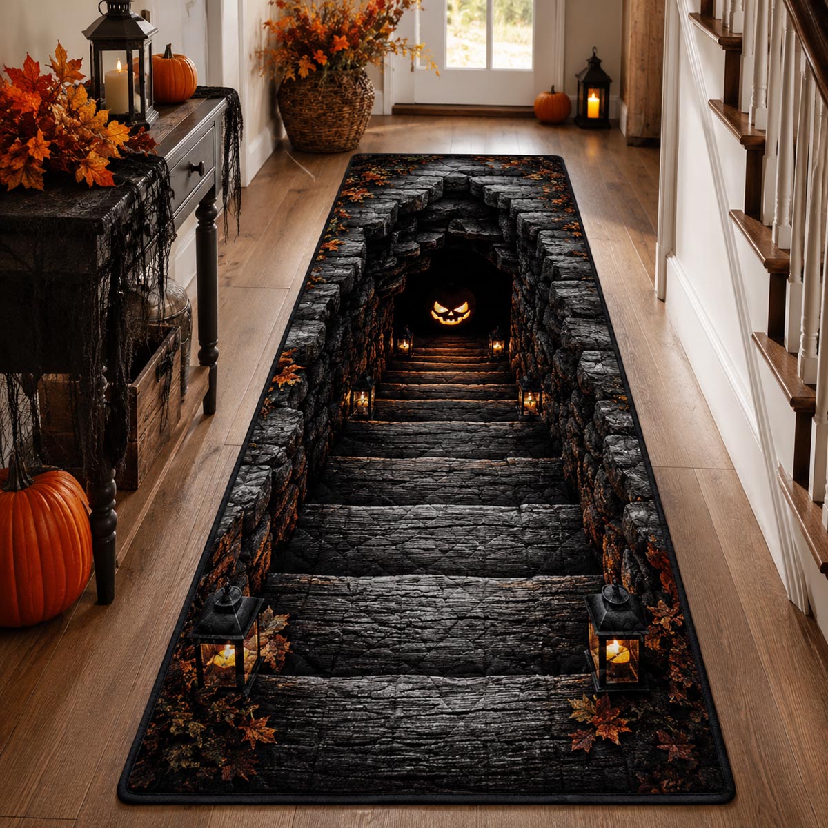 Pumpkin Pathway hallway runner – lantern stairway