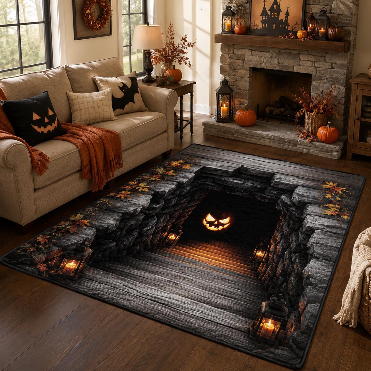 Pumpkin Path rug – pumpkin in a stone pit