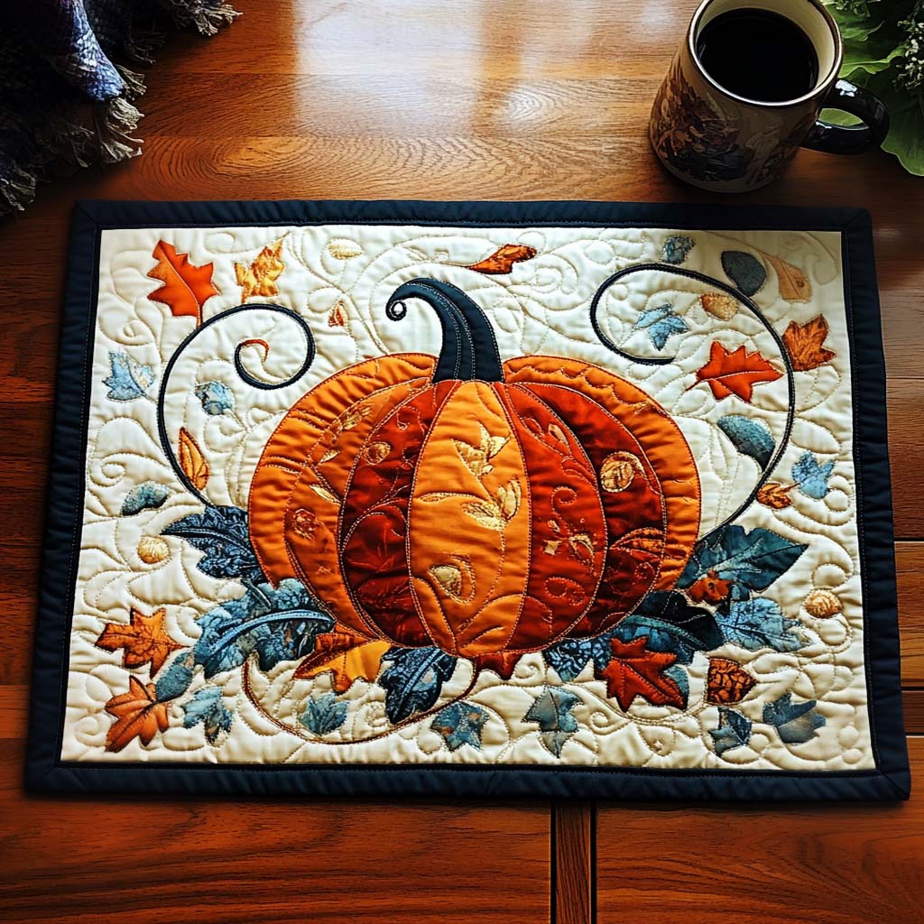 Pumpkin Tapestry quilted placemats – folk-art pumpkin
