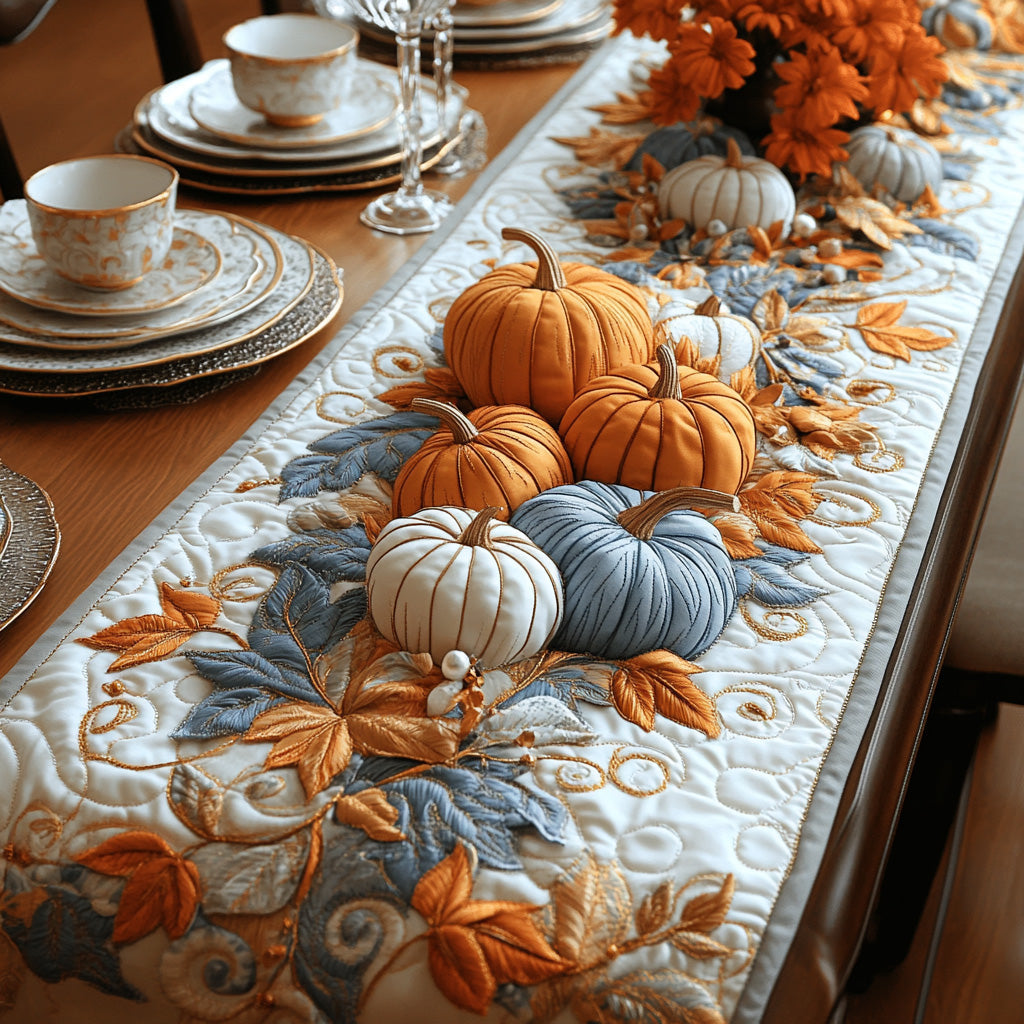 Pastel Pumpkins quilted table runner – orange, white and blue pumpkins