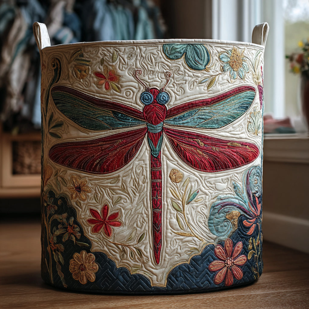 Quilted laundry basket with a crimson dragonfly on ivory scrollwork