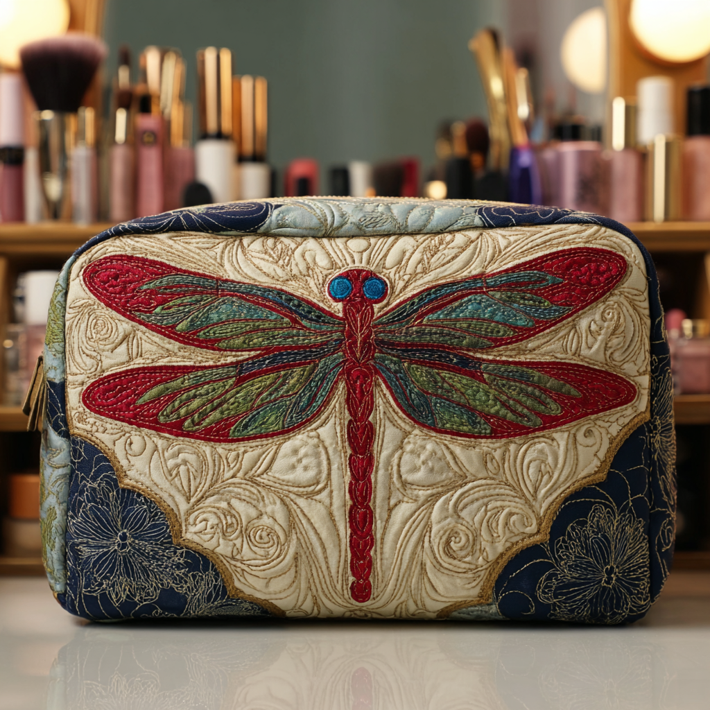 Pure Dragonfly quilted make-up bag with red dragonfly on cream with navy floral corners