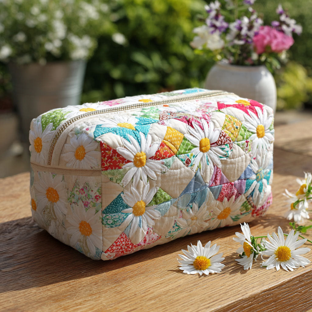 Quilted make-up bag with the Pure Meadow design of daisies and sunflowers growing loosely together in white, gold and soft green