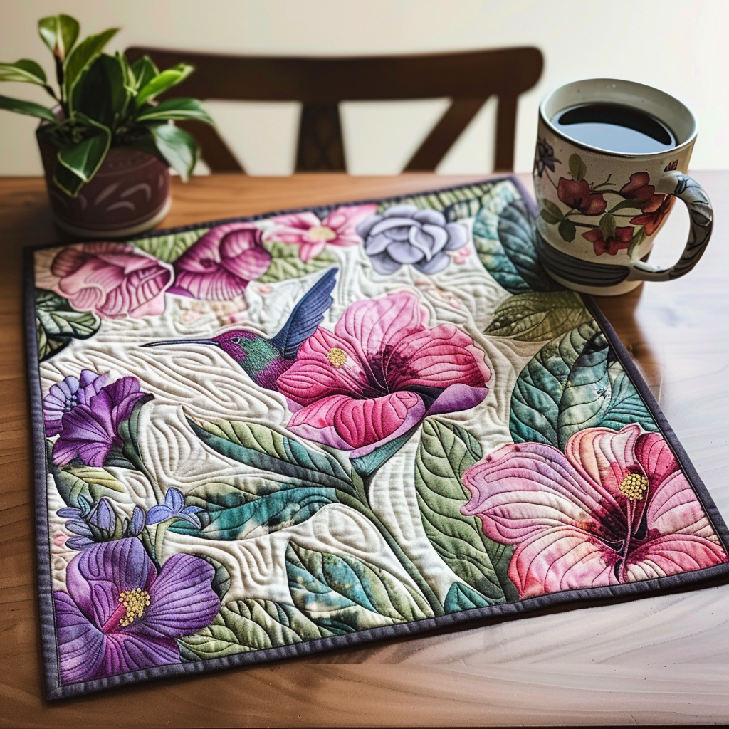 Pink Hibiscus Hummingbird quilted placemats – hummingbird and hibiscus
