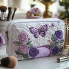 Purple Elegance quilted make-up bag with lilac butterfly above soft purple roses on white