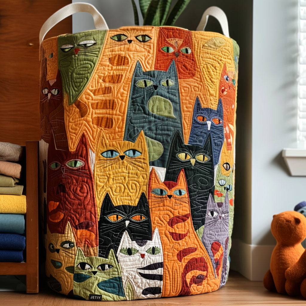 Quilted laundry basket with a bright folk-art crowd of cats