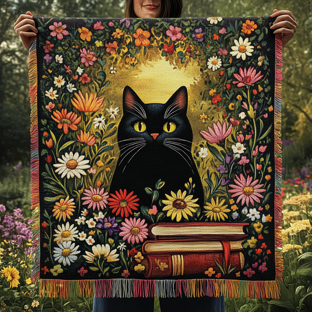 Wildflower Black Cat woven sofa throw – black cat among wildflowers