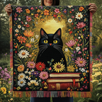 Wildflower Black Cat woven sofa throw – black cat among wildflowers