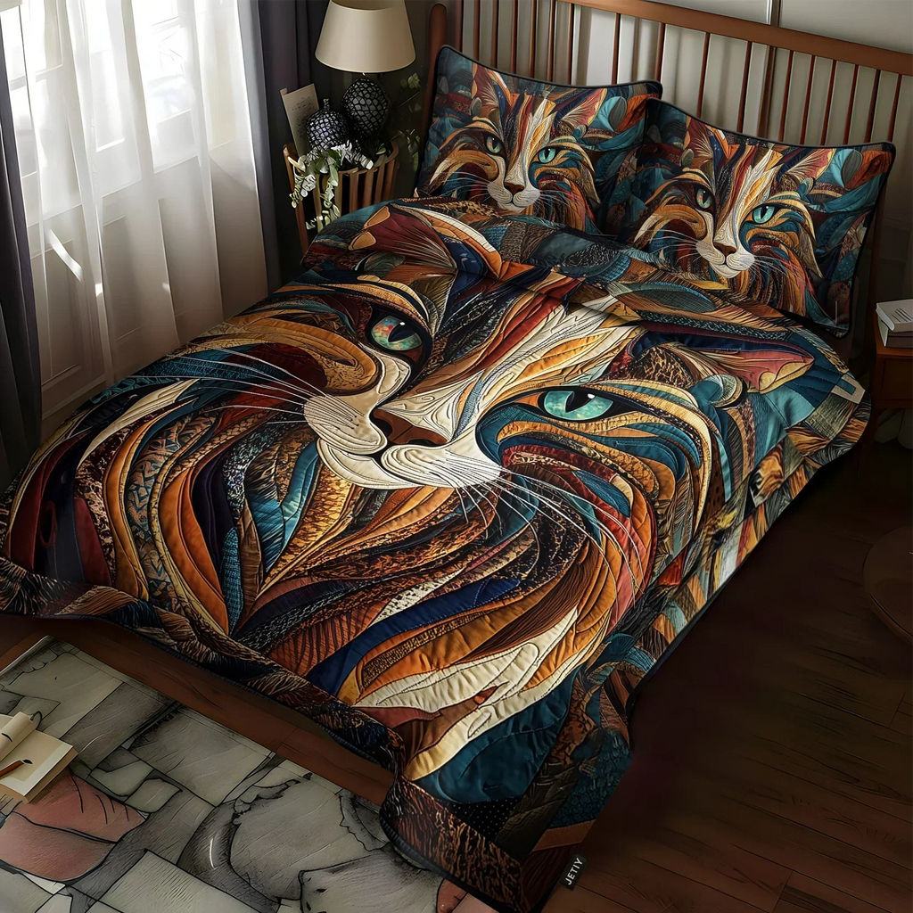 Quilted bedspread set with ginger, tabby and grey cats curled between patchwork squares, the Purrs and Patches design