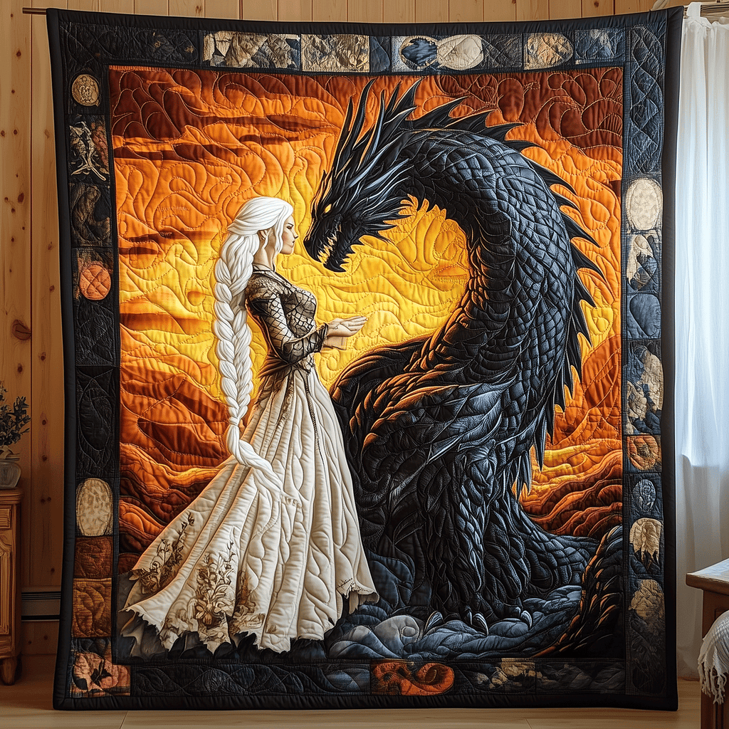 Dragon Queen quilted throw – queen beside a black dragon at sunset