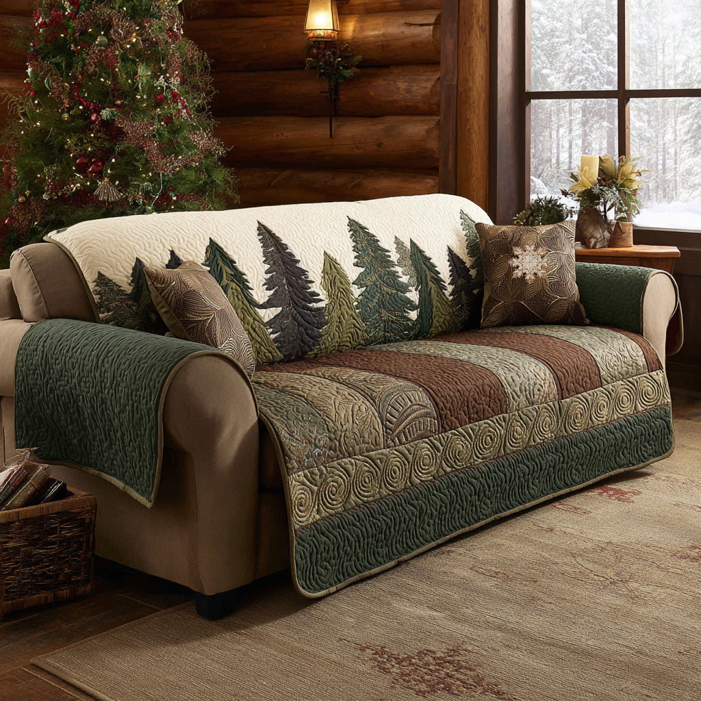 Serene Forest quilted sofa cover with a pine treeline in deep green, slate and sage above bands of moss, chestnut and stone