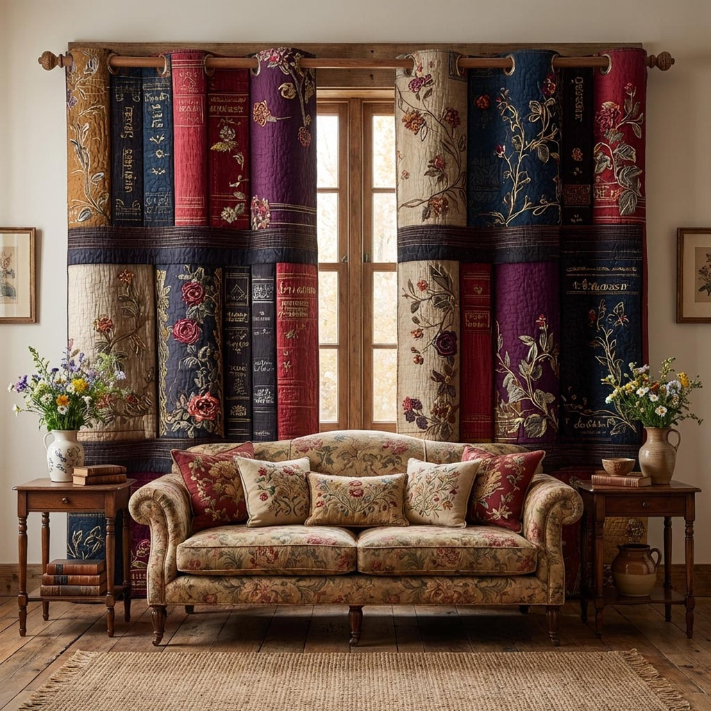 Burgundy Library quilted curtains – book spines in burgundy and navy