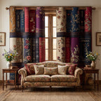 Burgundy Library quilted curtains – book spines in burgundy and navy