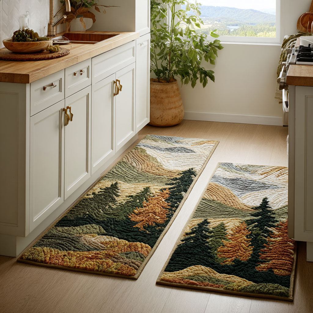 Calm Peaks kitchen mat set – mountain forest