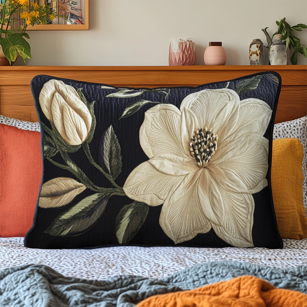 Magnolia on Black quilted pillowcase – cream magnolia on deep black