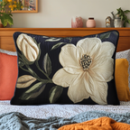 Magnolia on Black quilted pillowcase – cream magnolia on deep black