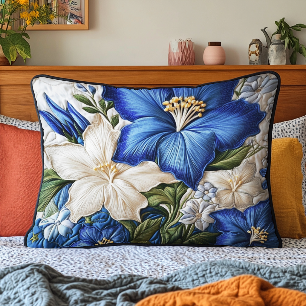 Blue Hibiscus and Lilies quilted pillowcase – blue hibiscus and white lilies on navy