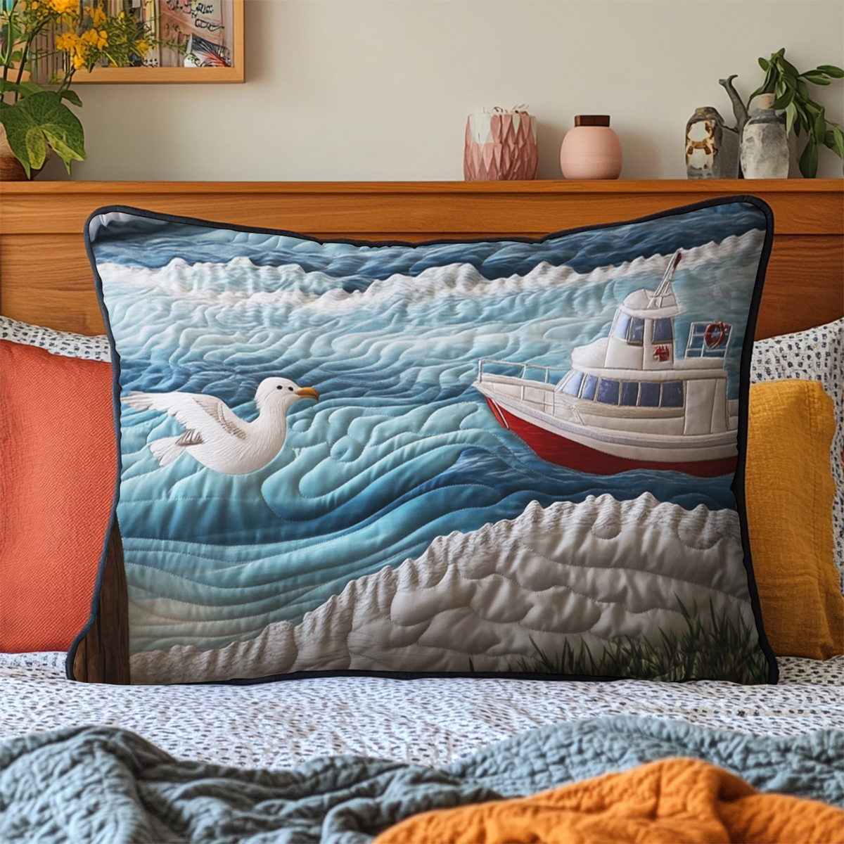 Seagull and Boat quilted pillowcase – seagull gliding past a little boat