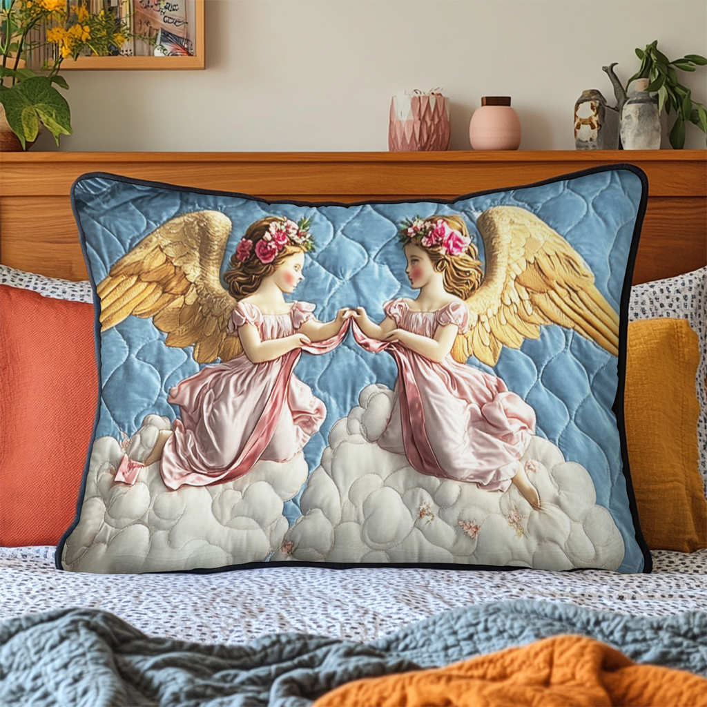 Two Angels quilted pillowcase – two cherubs holding hands in the clouds