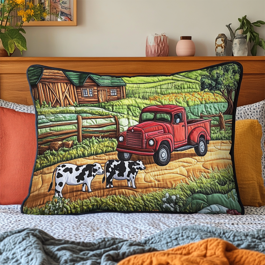 Red Truck and Cows quilted pillowcase – red truck on a farm lane with cows