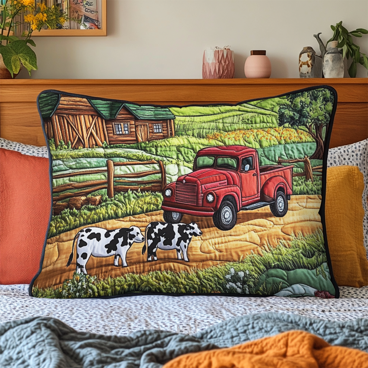 Red Truck and Cows quilted pillowcase – red truck on a farm lane with cows
