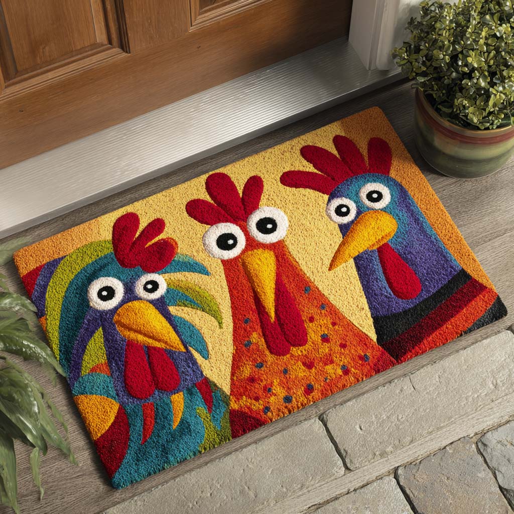 Whimsical Chicken Trio doormat – chicken trio
