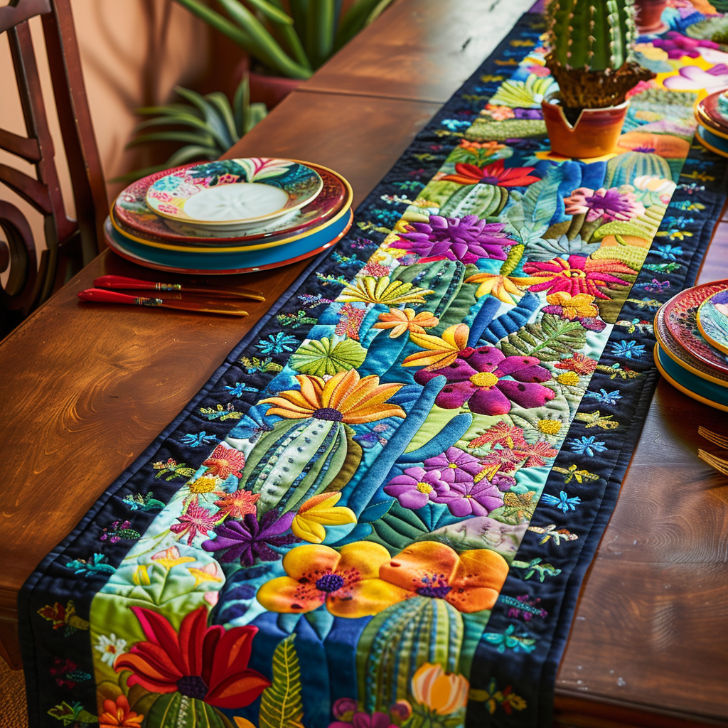 Cactus Mosaic quilted table runner – bright cacti and flowers