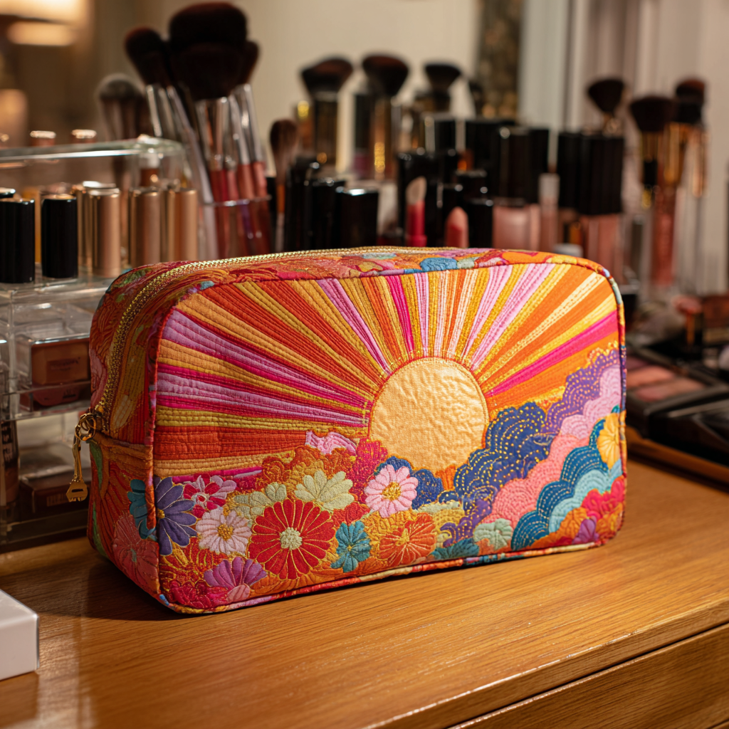 Sunrise Bloom quilted make-up bag with golden sun with rays over waves of colour and flowers