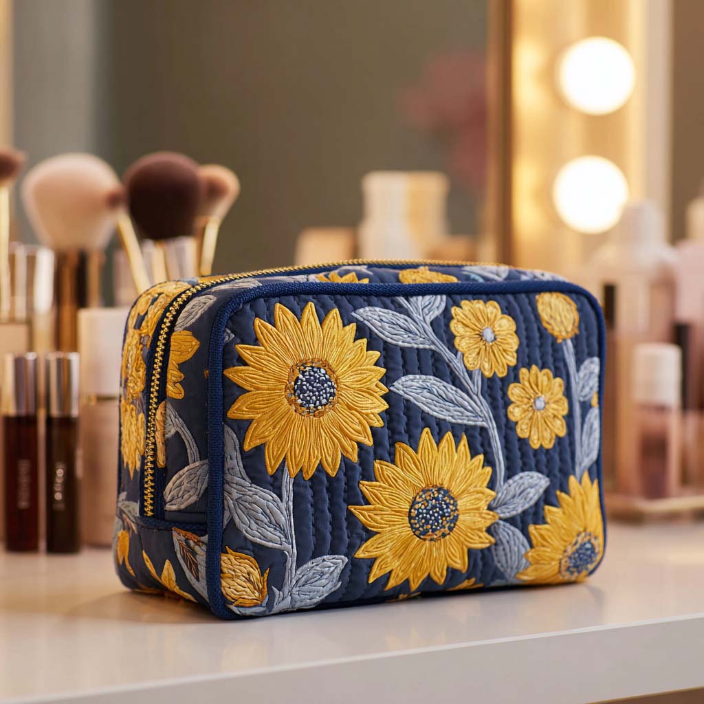 Quilted make-up bag with the Radiant Bloom design of one large sunflower opening across a deep, warm background