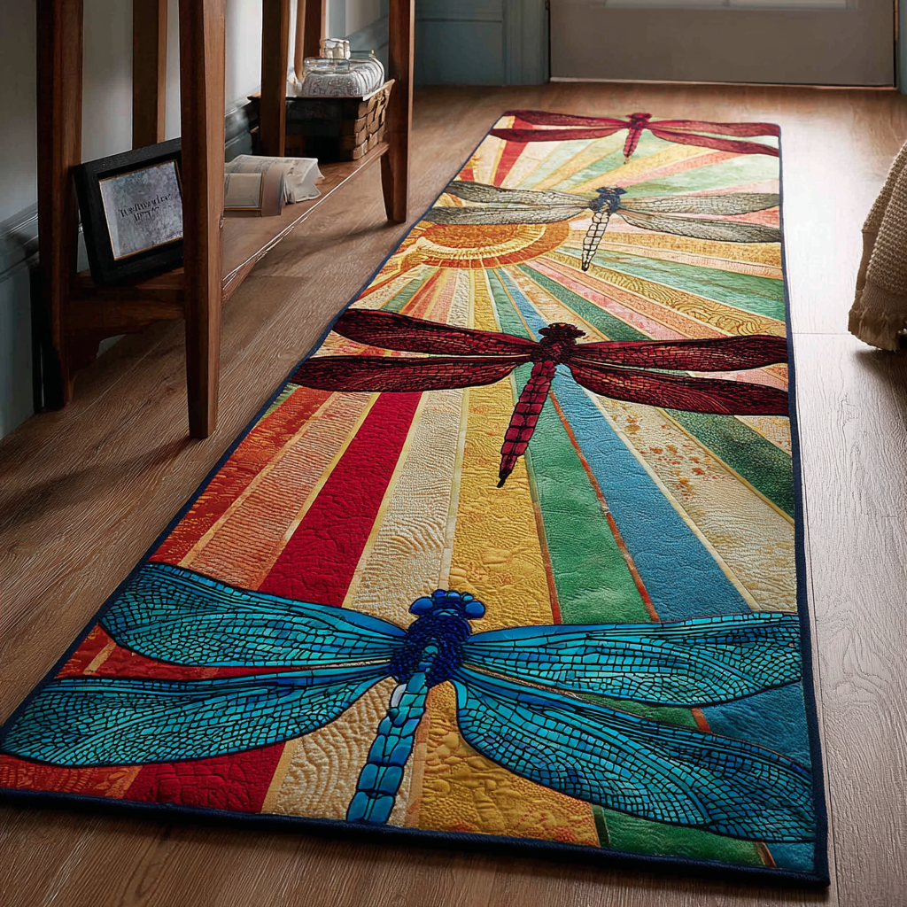 Radiant Dragonfly hallway runner – dragonflies on rainbow stripes