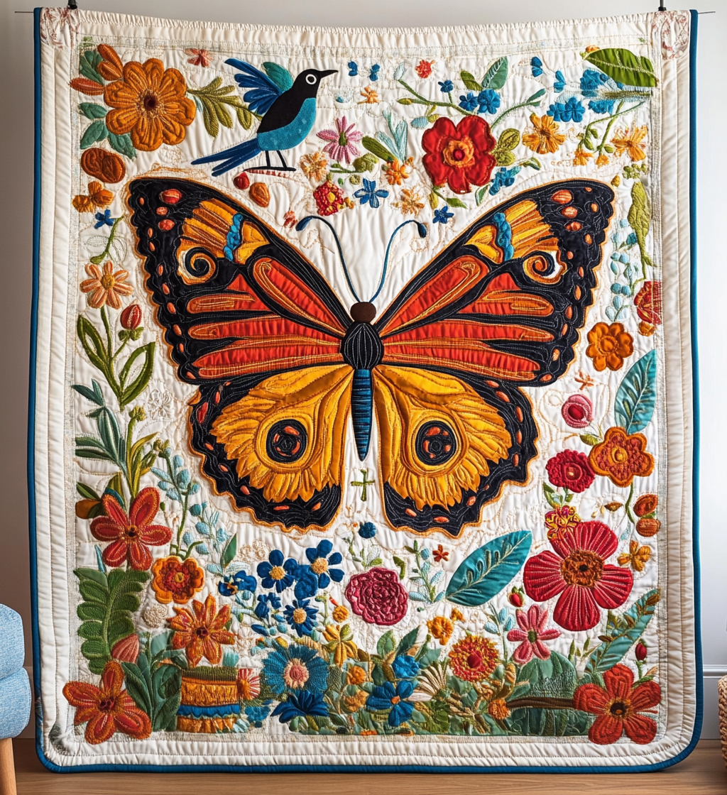 Monarch Folk Garden art quilt – monarch with folk flowers