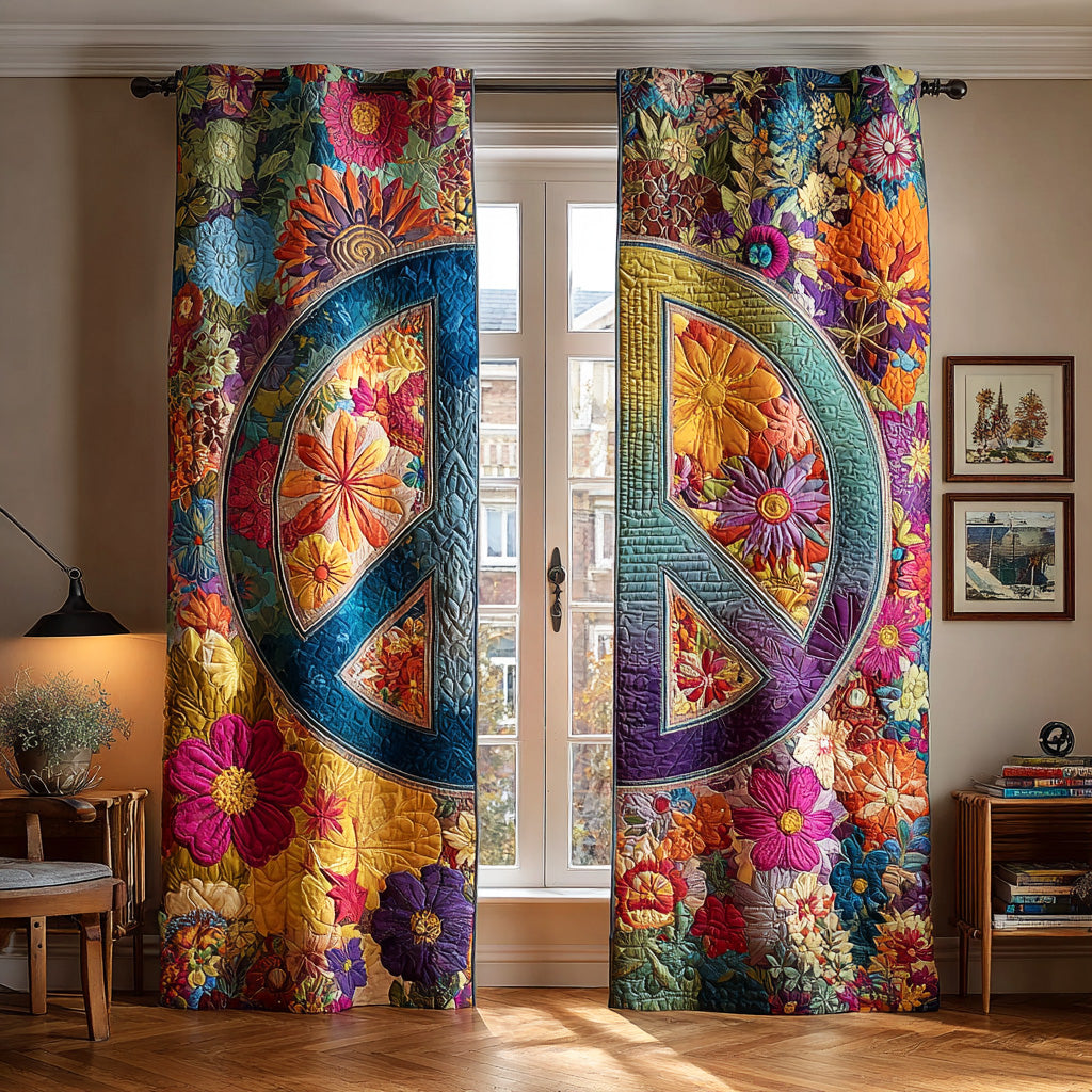 Floral Peace Path quilted curtains – peace signs among bright flowers