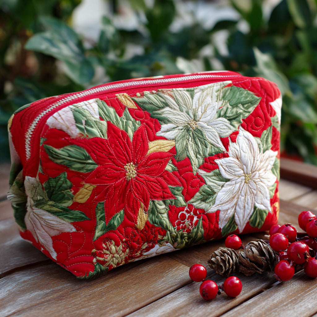 Radiant Petal quilted make-up bag with red and white poinsettias on festive red