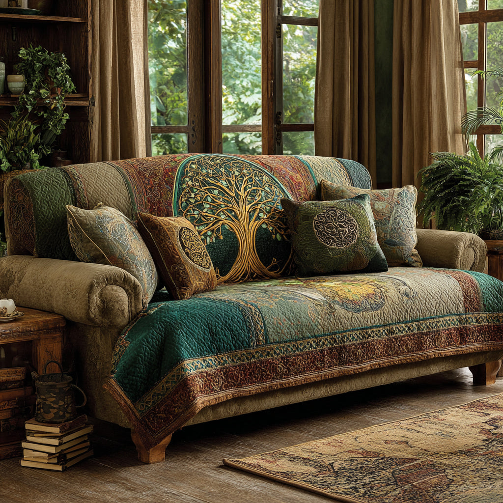Radiant Roots quilted sofa cover with a gold Tree of Life medallion on forest green and moss with rust paisley borders