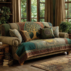 Radiant Roots quilted sofa cover with a gold Tree of Life medallion on forest green and moss with rust paisley borders
