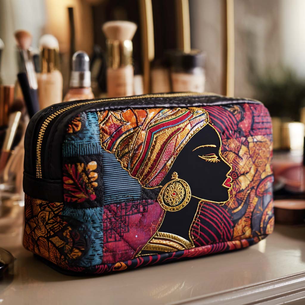 Radiant Spirit quilted make-up bag with profile in a golden head wrap on patterned patchwork in purple and gold