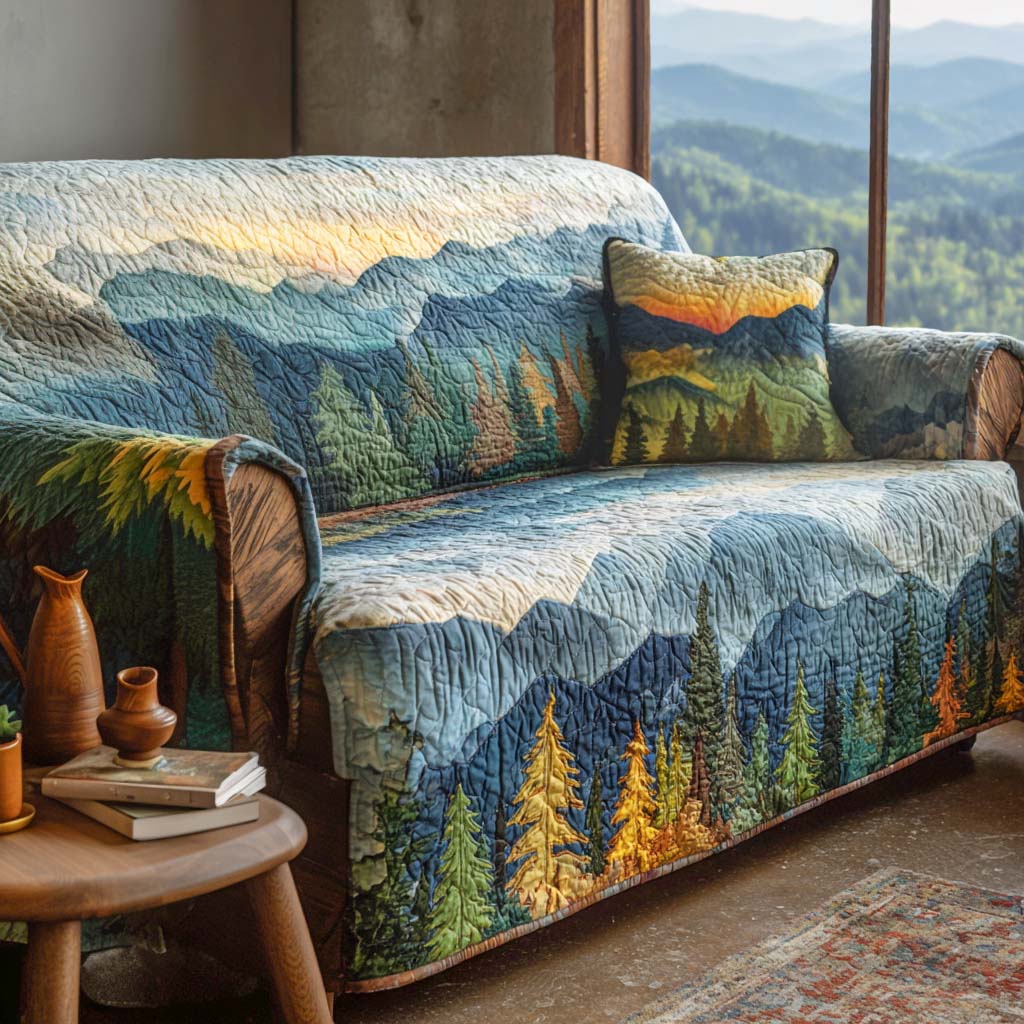 Blue Ridge Mountains quilted sofa cover – blue mountains above forests