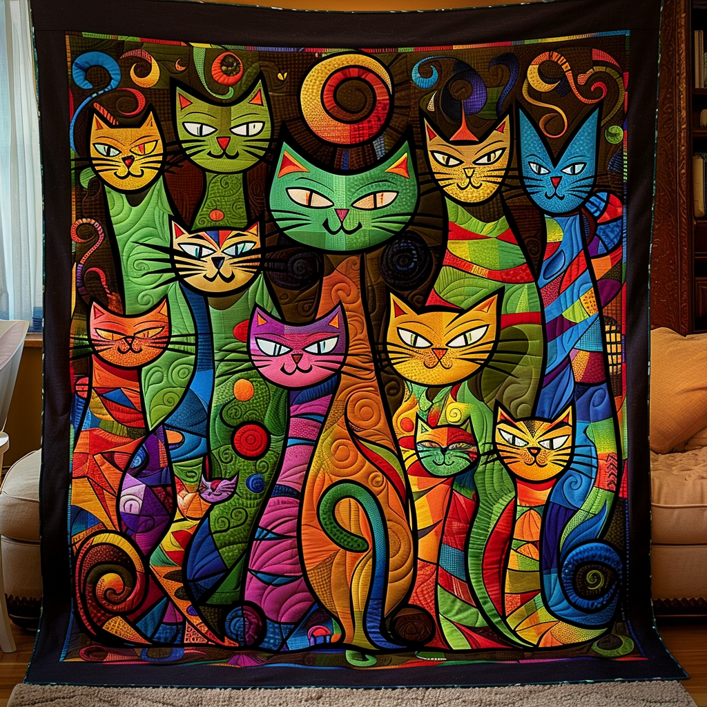Rainbow Cats quilted throw – tall folk art cats in rainbow colours