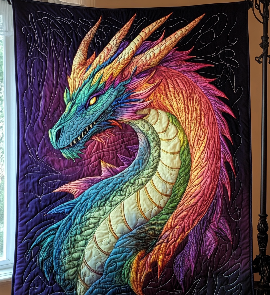 Feathered Rainbow Dragon quilted throw – dragon with rainbow feathered scales on purple