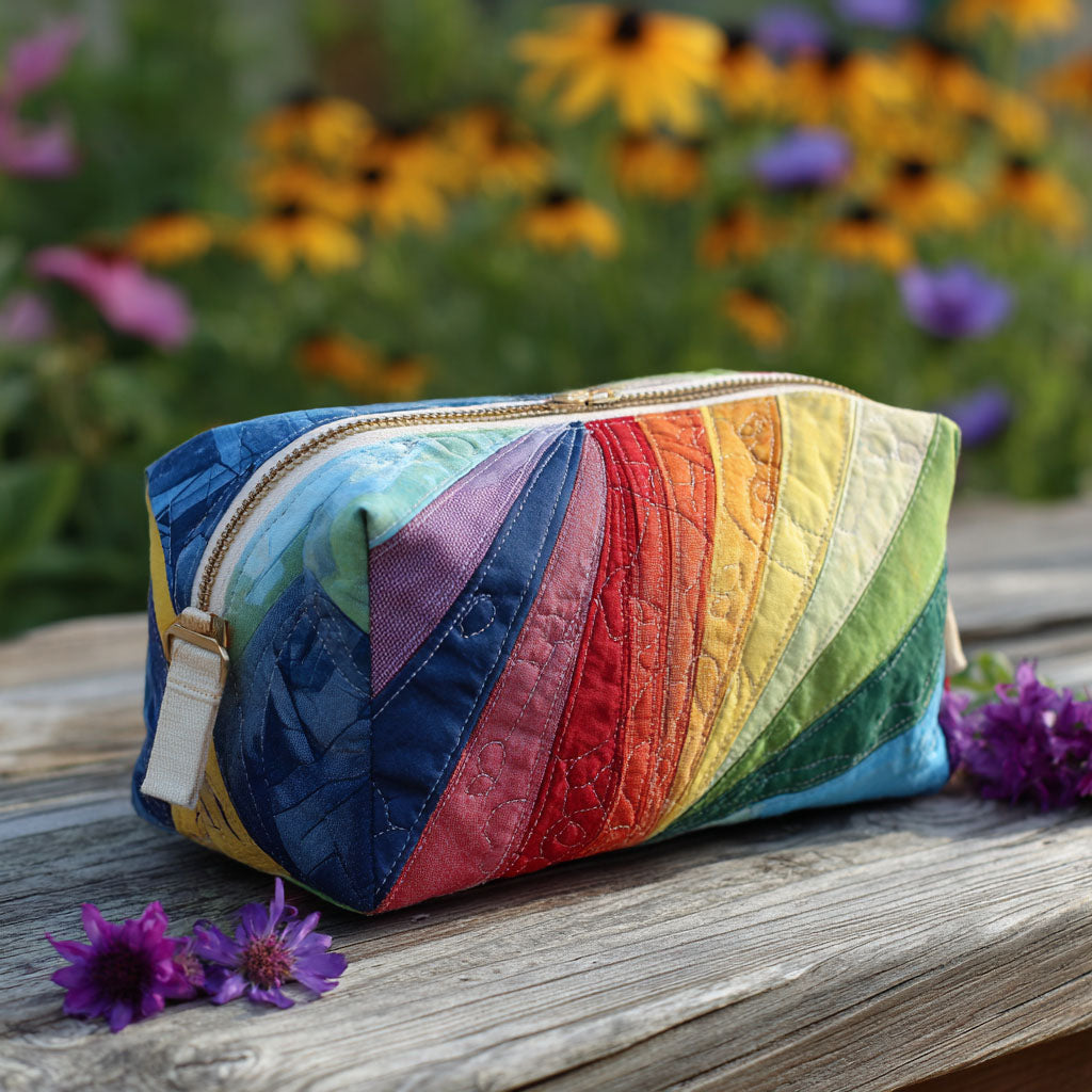 Quilted make-up bag with the Rainbow Flow design of curving rainbow ribbons and small flowers in a seventies swirl