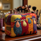 Rainbow Sheep quilted make-up bag with row of sheep in bright rainbow colours