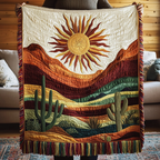 Desert Sun fringed throw – golden sun over red desert bands and cacti